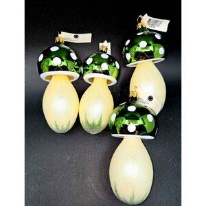 Martha Stewart Blown Glass Green polka dot Mushroom Ornaments 5"